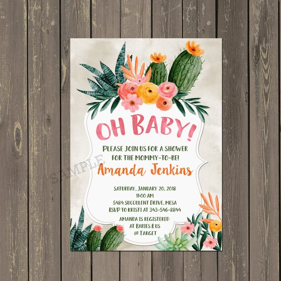 Cactus Baby Shower Invitation Succulent Watercolor Cactus Baby