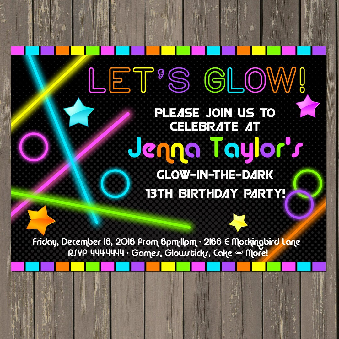 Glow In The Dark Party Invitation Neon Birthday Party Etsy