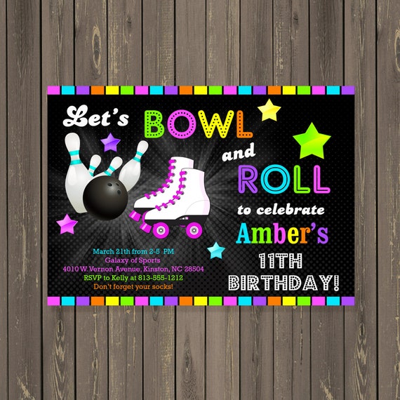 Roller Skating and Bowling Party Birthday Invitation, Skate Party Invitation, Glow in the Dark Neon Look Invitation, Printable or Printed Il_570xn