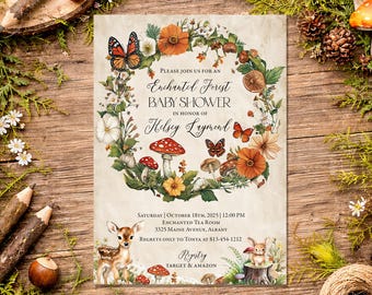 Enchanted Forest Baby Shower Invitation: Woodland Fairy Tale, Bunny & Mushrooms (Printed or Printable)
