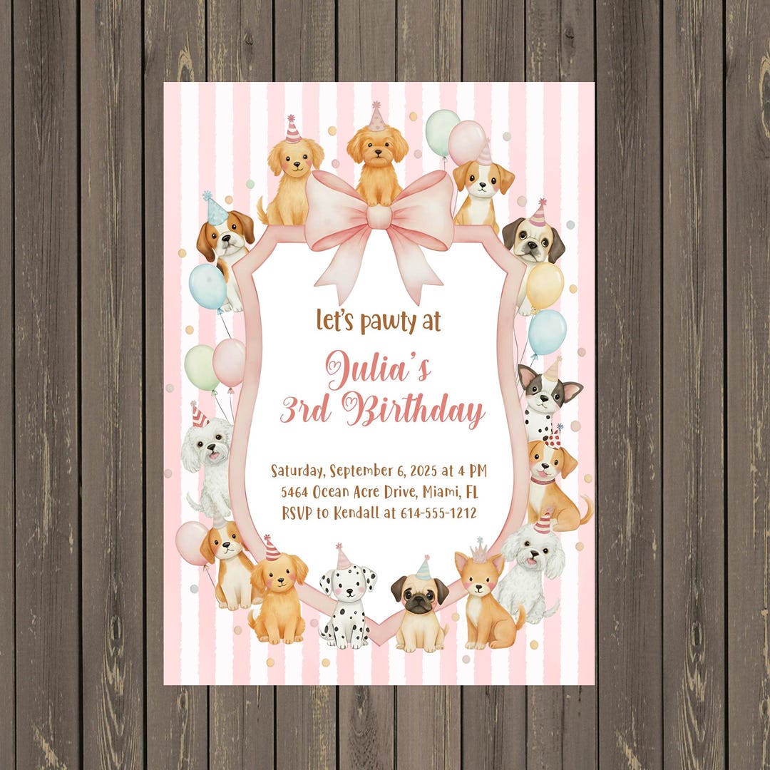Pink Puppy Birthday Invitation, Girl Dog Pawty, Editable Template ...
