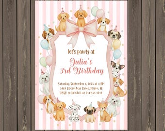 Invitación de cumpleaños de cachorro rosa, diseño de perrita, plantilla editable (descarga digital)