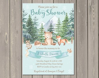 Winter Woodland Animals Baby Shower Invitation, Forest Animals Baby Shower Invitation, Bear Baby Shower Invitation, Printable or Printed