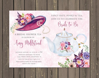 Fancy Hat Bridal Shower Tea Party Invitation, Bridal Shower High Tea Invitation, Printable or Printed