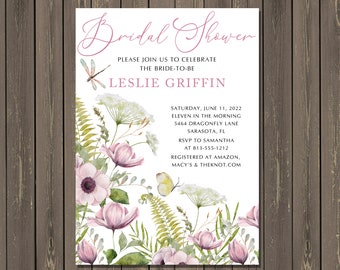 Dragonfly Garden Party Bridal Shower Invitation, Wildflowers Butterfly Shower Invitation, Butterflies & Wildflowers, Printable or Printed