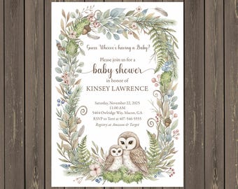 May include: Baby shower invitation featuring a watercolor design with an owl illustration. The invitation includes text that reads "Guess Who's having a Baby?" and details for Kinsey Lawrence's baby shower, surrounded by a floral wreath.