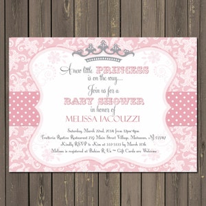 Royal Baby Shower Invitation, Little Princess Invite, Pink Damask, Grey Crown, Baby Girl Shower, Tiara, Royal, Printable