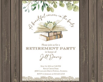 Book Retirement Party Invitation: Greenery & Books (Printable or Printed)