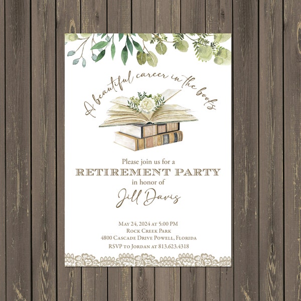 Book Retirement Party Invitation, Book and Greenery Retirement Party, Career in the Books, Library Retirement, Teacher  Printable or Printed