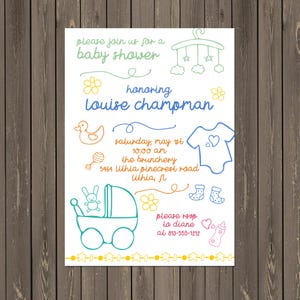 Faire-part de baby shower fantaisiste avec des articles pour bébés dessinés à la main Design coloré neutre, moderne et ludique, impression ou impression personnalisée