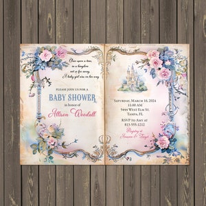 Book Princess Baby Shower Invitation, Fairytale Storybook Castle Baby Shower Baby Girl Vintage Antique Printable or Printed Invitations