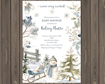 Invitación de baby shower de invierno con muñeco de nieve: invitación navideña en trineo (imprimible o impresa)