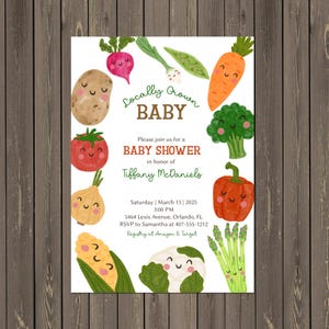 May include: A baby shower invitation with a white background and colorful illustrations of vegetables with smiling faces. The text reads "Locally Grown Baby" and includes details about the event, including the date, time, location, and RSVP information.