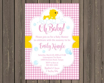 Girls Rubber Duck Baby Shower Invitation, Pink and Yellow Duck Baby Shower Invitation, Pink Gingham Ducky Duckie Invitation,  DIY or Printed