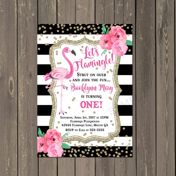 Flamingo 1st Birthday Invitation, Black & White Stripe Floral with Gold 1st Birthday Party Invitation, Photo Invitation, DIY or Printed Il_570xn