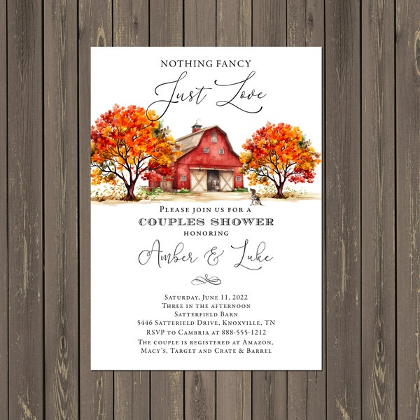 Red Barn Bridal Shower Invitations, Fall Farm Couples Shower, Nothing Fancy But Love Invitation, Rustic Barn Wedding, Printable or Printed