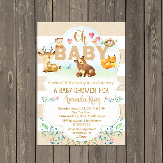 Woodland Baby Shower Invitations, Forest Animals Shower Invite, Woodland Themed Invite, Owl, Deer, Bear, Fox, Gender Neutral, Printed or DIY Il_570xn