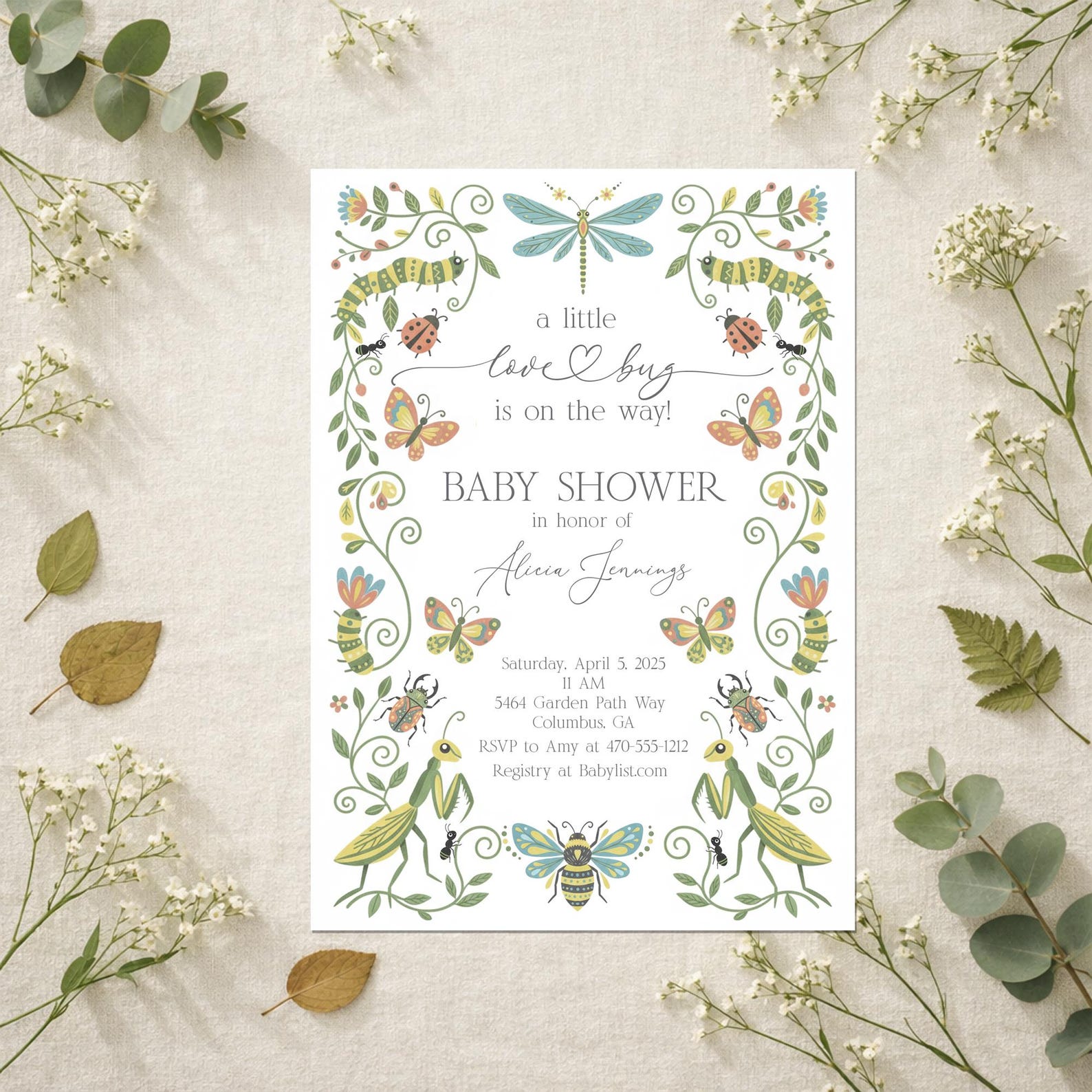 Love Bug Baby Shower Invitation  Spring Garden Bug Theme Baby Shower Template  Whimsical Floral Invite  Editable  Instant Download