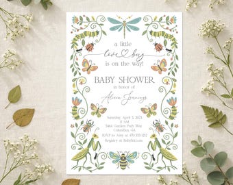 Invitación para Baby Shower con temática de Bichitos / Plantilla para Baby Shower con temática de Bichitos de Jardín Primaveral / Invitación Floral Caprichosa / Editable / Descarga Inmediata