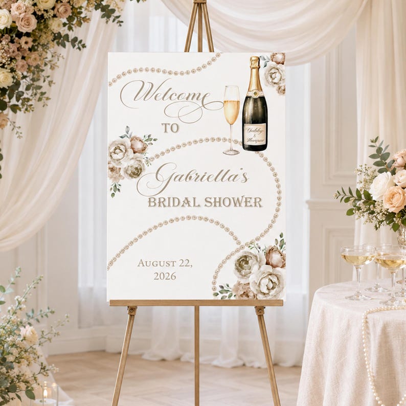 May include: A white rectangular sign on a gold easel featuring the text Welcome to Gabriella's BRIDAL SHOWER August 22, 2026. The design includes a champagne bottle, a glass of champagne, strings of pearls, and clusters of beige and white flowers.