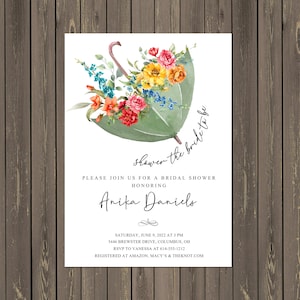Faire-part de douche nuptiale parapluie, parapluie avec carte-cadeau de fleurs sauvages d'été, carte-cadeau aquarelle de douche, imprimable ou imprimé