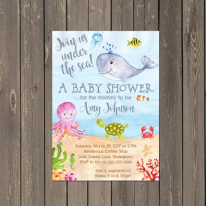 May include: A baby shower invitation with an under the sea theme. The invitation features a whale, octopus, turtle, and other sea creatures. The text reads "Join us under the sea! A Baby Shower for the mommy to be Amy Johnson. Saturday, March 25, 2017 at 2 PM Rendezvous Coffee Shop 3444 Oakely Lane, Statesboro RSVP to Kim at 333-333-4344 Amy is registered at Babies R Us & Target"