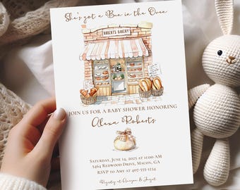 Invitación para baby shower de panadería: tema de "Bollo en el horno" (opciones impresas o imprimibles)