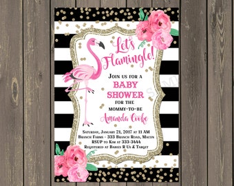 Flamingo Baby Shower Invitation, Let's Flamingle Shower Invite, Black & White Stripe Floral with Gold Baby Shower, DIY or Printed