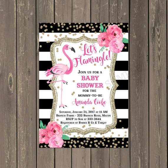 Flamingo Baby Shower Invitation, Let's Flamingle Shower Invite, Black & White Stripe Floral with Gold Baby Shower, DIY or Printed Il_570xn
