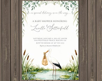Invitación para baby shower con cigüeña – Cuento de acuarela – Invitación neutral para baby shower infantil, editable, descarga instantánea
