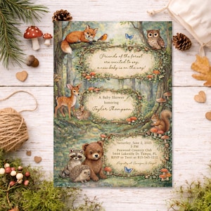 May include: A rectangular baby shower invitation card featuring a forest scene with a fox, owl, deer, rabbit, squirrel, raccoon, and hedgehog. The design includes three text frames with the text: Friends of the forest are excited to say, a new baby is on the way! A Baby Shower honouring Taylor Thompson. Saturday, June 2, 2025, 3 PM, Foxwood Country Club, 5464 Lakeside Dr. Tampa, FL, RSVP to Terri at 813-545-1212, Registry at Amazon & Target.