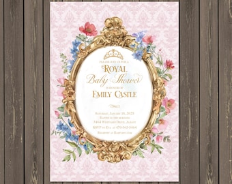 Victorian Princess Baby Shower Invitation: Gold Frame, Watercolor Flowers (Printed or Printable)