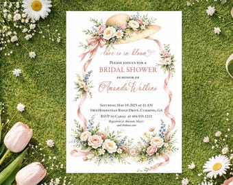 Invitación floral para despedida de soltera, invitación para fiesta en el jardín, diseño de sombrero con cinta de flores silvestres de primavera, invitaciones personalizadas impresas o imprimibles