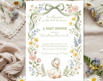 Invitación para baby shower de Silly Goose con diseño floral de acuarela, imprimible o impresa