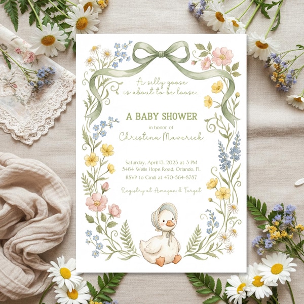 Silly Goose Baby Shower Invitation Watercolor Floral Gosling, Printable or Printed