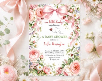 Ladybug Baby Shower Invitation, Pink Floral Bow Baby Shower Invite, A Little Lady Is On Her Way, Custom Printed or Printable