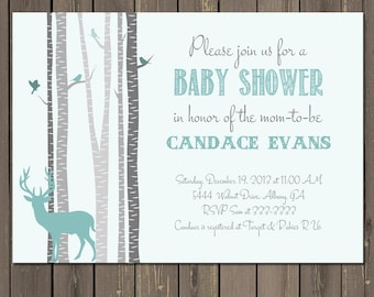 Deer Baby Shower Invitation, Birch Tree Invite, Woodland Shower invitation, Baby Boy Shower, Teal