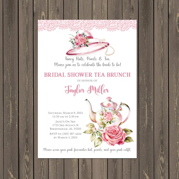 Fancy Hat Tea Party Bridal Shower Invitation, Pink Roses Shower, Fancy Hat Tea Shower, Bridal Brunch, Fascinator, Printable or Printed