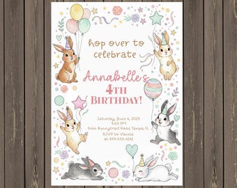 Bunny Birthday Invitation • Pastel Rabbit Party Template • Hop On Over Theme • Editable, Instant Download