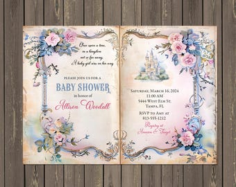 Invitación para baby shower con temática de castillo de princesa: estilo cuento de hadas vintage (opciones imprimibles o impresas disponibles)