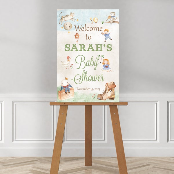 Nursery Rhyme Baby Shower Welcome Sign, Printable File, Pink, Blue, Green or Tan