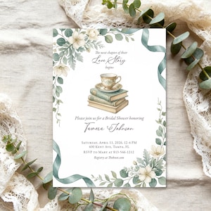May include: Bridal shower invitation with watercolor floral and ribbon accents. The invitation features the text "The next chapter of their Love Story begins" and details for the event, including the name Tamera Johnson.