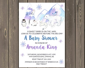 Invitación para baby shower con animales invernales en acuarela: diseño de copo de nieve ártico (DIY o impresa)