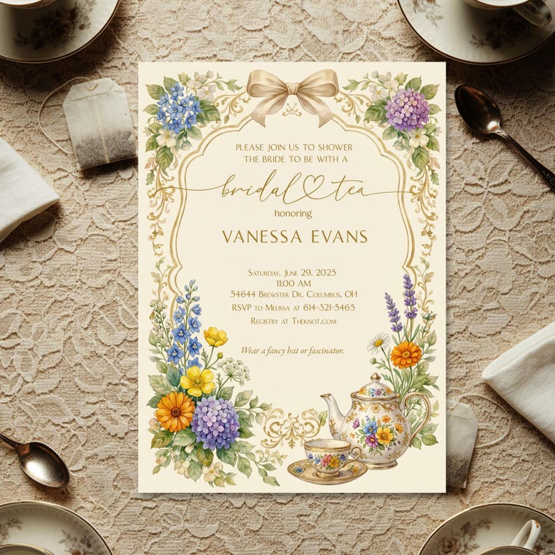 Elegant Tea Party Invitation, Watercolor Floral Tea Set, Vintage Garden ...