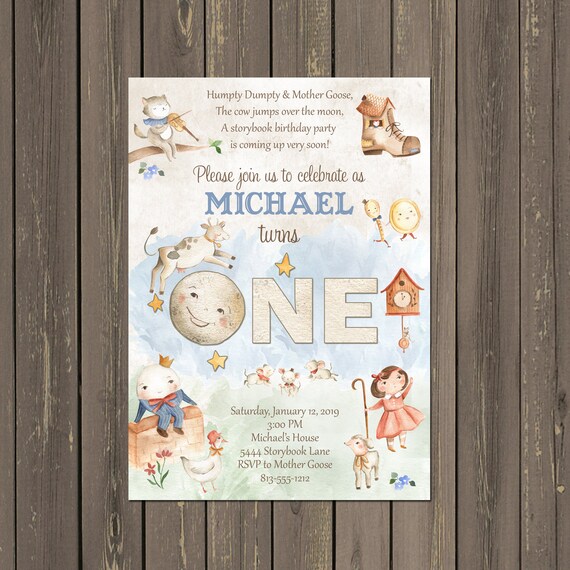 Nursery Rhyme Birthday Invitation, Storybook 1st Birthday Invitation, Fairytale Birthday Invite, Cow jumped over the moon, DIY or Printed Il_570xn