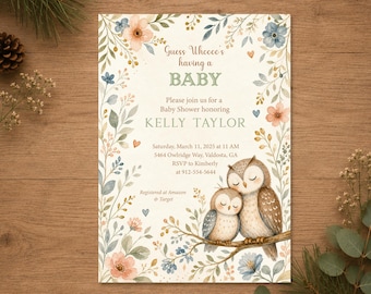 Owl Baby Shower Invitation, Woodland Baby Shower Invite, Neutral Owl Baby Shower, Floral Owl Baby Shower Invitation, Printed or Printable