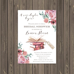 Book Bridal Shower Invitation, Library Bridal Shower Invitation, Book Lover Shower Invitation, Pink Watercolor Floral, Printable or Printed