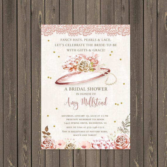 Fancy Hat Bridal Shower Invitation, Fascinator Bridal Shower Invitation, Bridal Shower Hat Invitation, Blush and Gold, Printable or Printed Il_570xn
