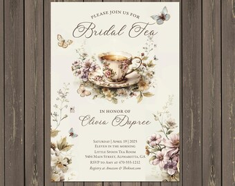 Vintage Floral Bridal Tea Party Invitation: Elegant Tea Cup Design (Printable or Printed)