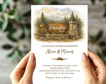 Invitación para despedida de soltera en pareja "Que comience la aventura", invitación rústica para despedida de soltera en la montaña, letrero de parque al aire libre, tema personalizado, impreso o imprimible